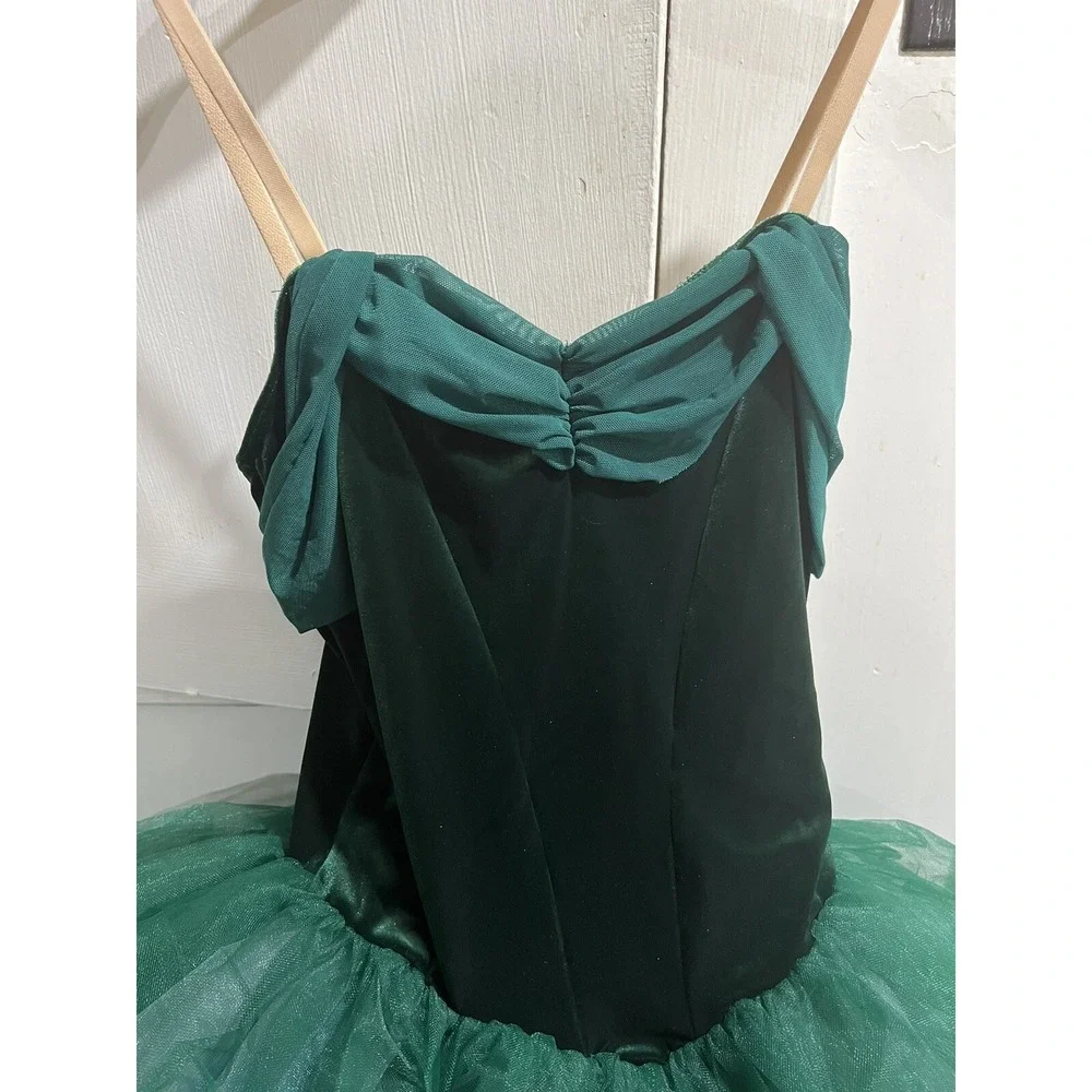 Weissman Dance Costume Velvet Leotard Size MA Dark Green Lace Tutu W/Adj. Straps
